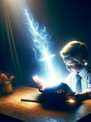 Child reading neon bible